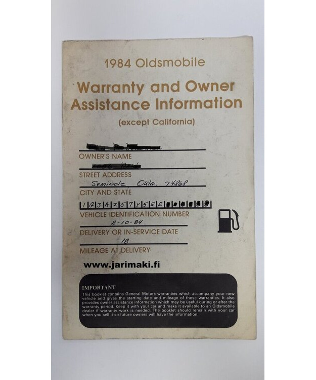 Takuu ja omistajan tuki ohjekirja käytetty Englanniksi Oldsmobile 1984
