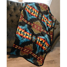 Aztec-kuvioinen viltti / torkkupeitto musta-turkoosi 152 x 203 cm