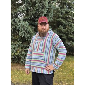  Baja-huppari Vaaleansininen, pinkki-vihreät raidat **Koko L**