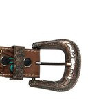 Ruskea nahkavyö värikkäillä kuvioilla