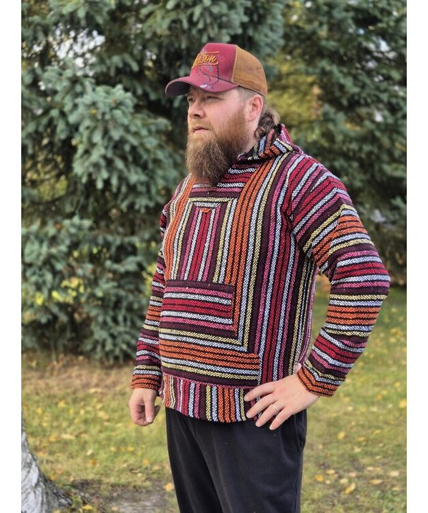  Baja-huppari Punaisen ja keltaisen eri sävyiset raidat **Koko L**