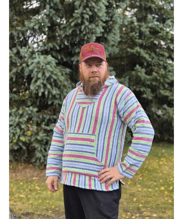  Baja-huppari Vaaleansininen, pinkki-vihreät raidat **Koko L**