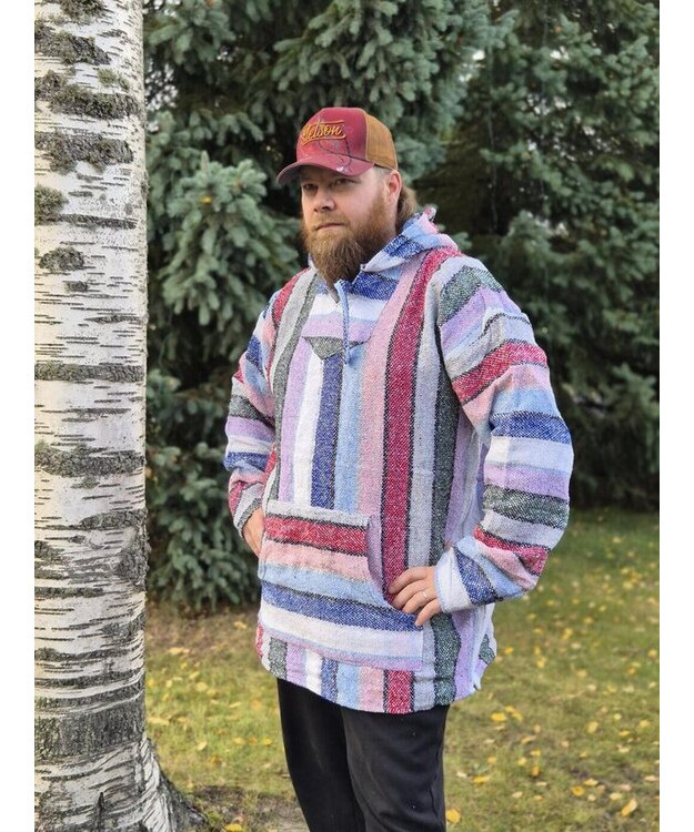 Baja-huppari Valkoinen, leveät moniväriset raidat **Koko 3XL**
