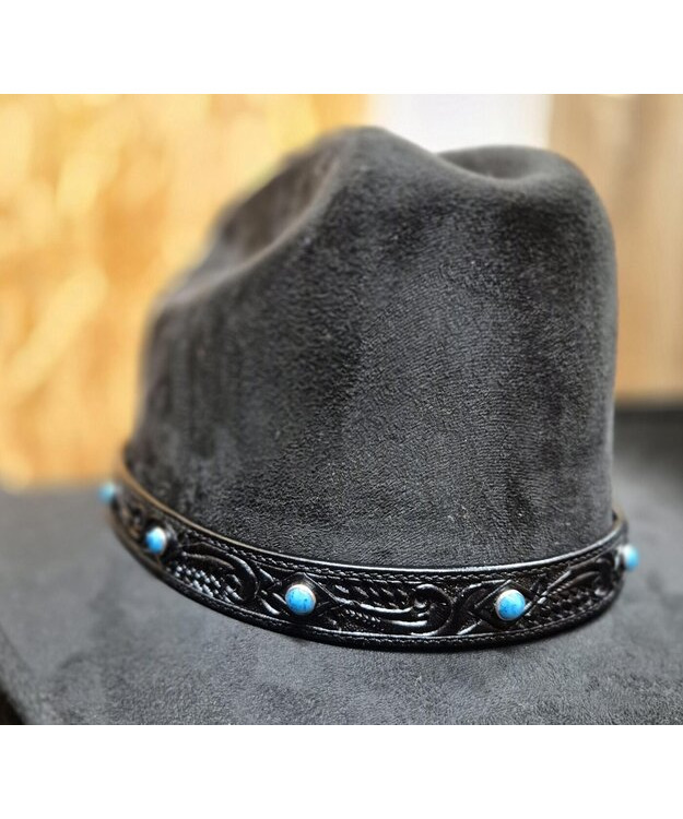 Hattupanta mustaa nahkaa, turkooseilla kivillä