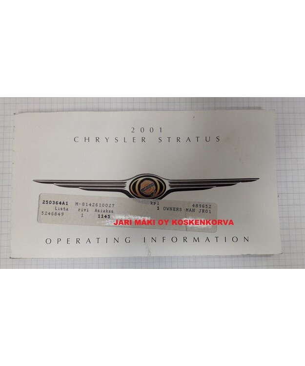 Omistajan käsikirja Englanniksi Chrysler Stratus/Sebring 2001
