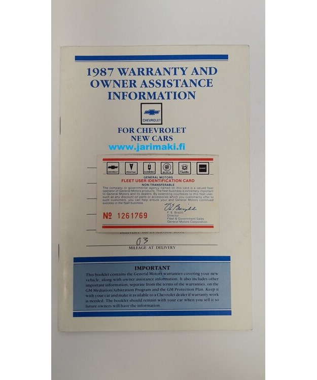 Takuu ja omistajan tuki ohjekirja käytetty Englanniksi GM 1987
