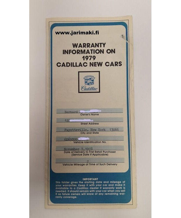 Takuukirja käytetty Englanniksi Cadillac 1979